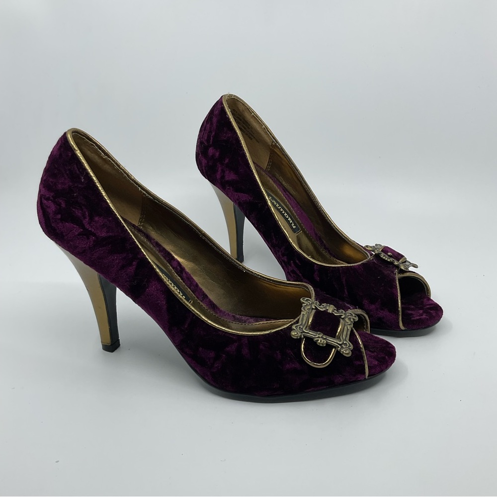 Chinese Laundry Jolin Crushed Velvet Ornate Buckle Open Toe Pumps Purple 8.5